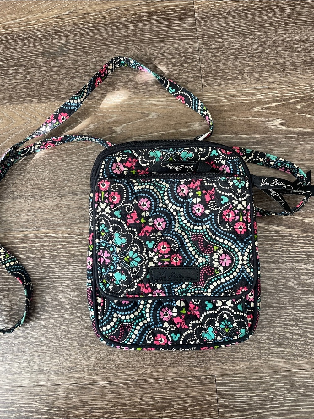 Vintage Disney Parks Vera Bradley Black Floral & Teal/Pink Quilted Crossbody